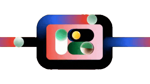 Animated abstract shapes of circles and rectangles in green, yellow, red, black, and blue on a purple background.